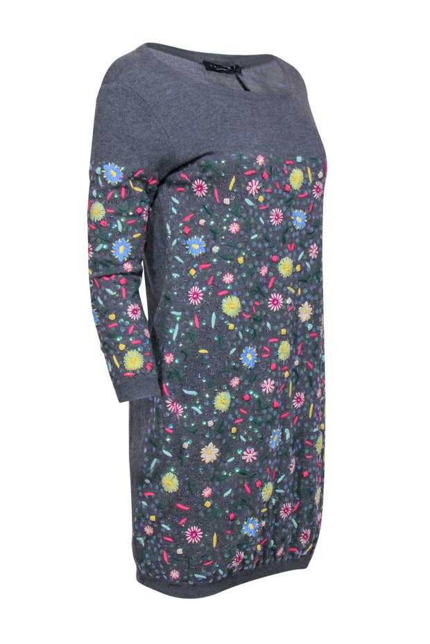 Current Boutique-Twinset - Grey & Multicolor Floral Embroidered & Sequin Sweater Dress Sz S