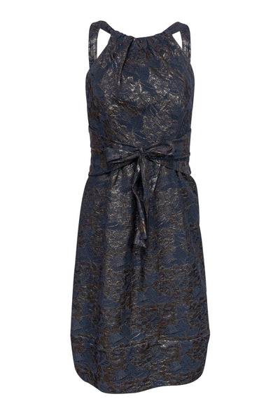 Current Boutique-Vera Wang - Black & Dark Bronze Tie-Front Jacquard Dress Sz 4
