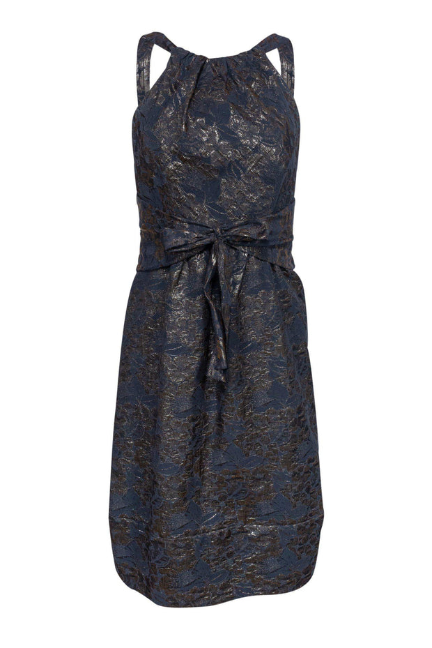 Current Boutique-Vera Wang - Black & Dark Bronze Tie-Front Jacquard Dress Sz 4