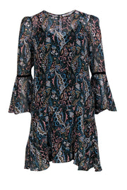 Current Boutique-Veronica Beard - Dark Green & Multicolored Paisley Print Bell Sleeve Silk Drop Waist Dress Sz 4