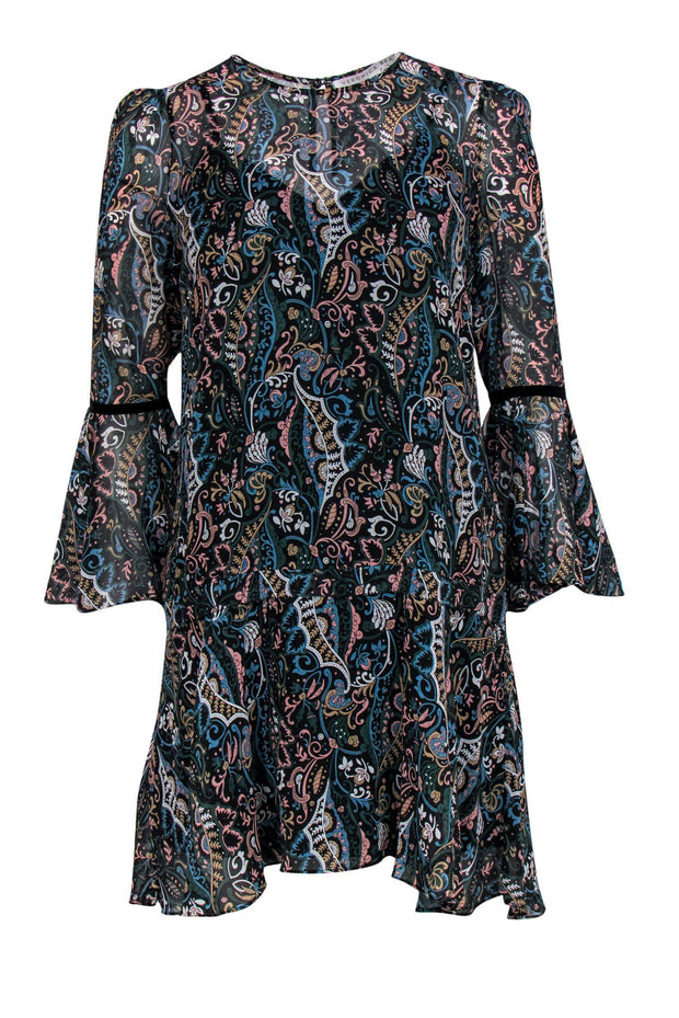 Current Boutique-Veronica Beard - Dark Green & Multicolored Paisley Print Bell Sleeve Silk Drop Waist Dress Sz 4