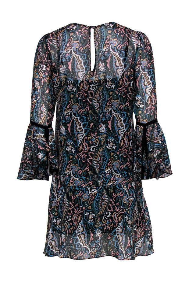 Current Boutique-Veronica Beard - Dark Green & Multicolored Paisley Print Bell Sleeve Silk Drop Waist Dress Sz 4