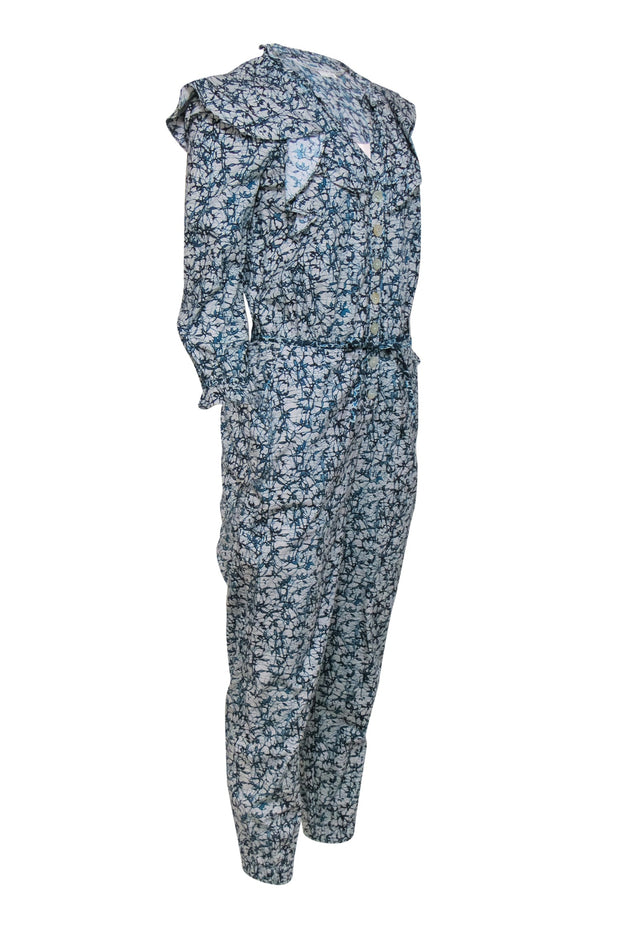 Current Boutique-Veronica Beard - Blue & Cream Printed Button-Front Jumpsuit w/ Ruffles Sz 4