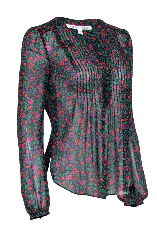 Current Boutique-Veronica Beard - Black & Multicolor Floral Silk Long Sleeve Blouse Sz 0