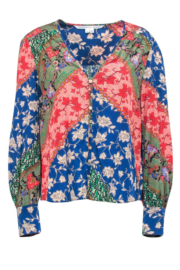 Current Boutique-Veronica Beard - Blue, Red, & Multicolor Floral Button Front Blouse Sz 10
