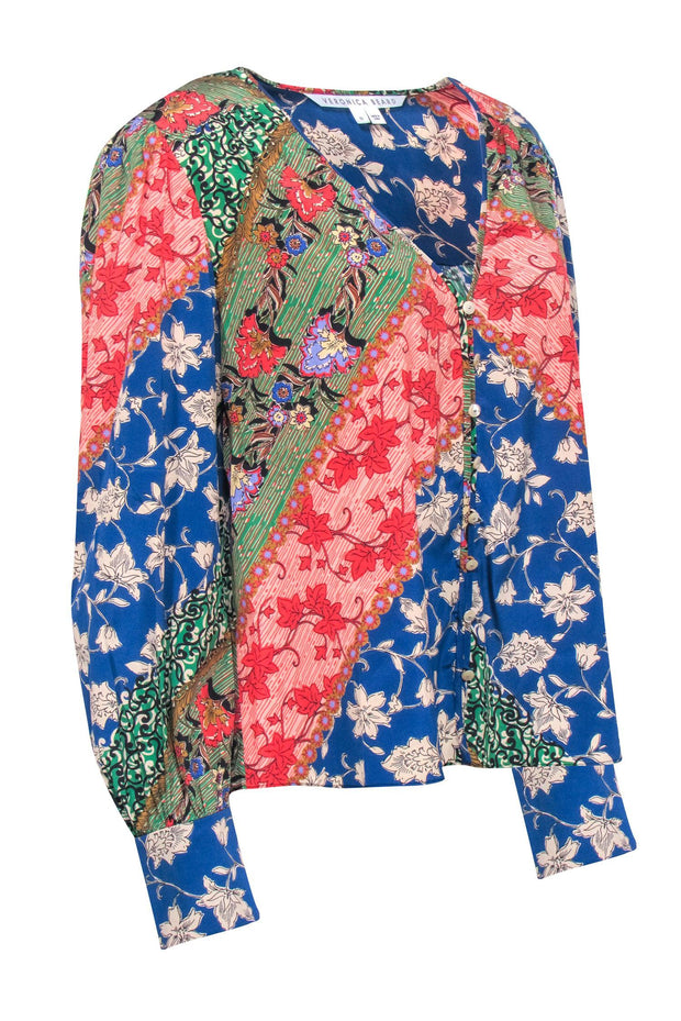 Current Boutique-Veronica Beard - Blue, Red, & Multicolor Floral Button Front Blouse Sz 10