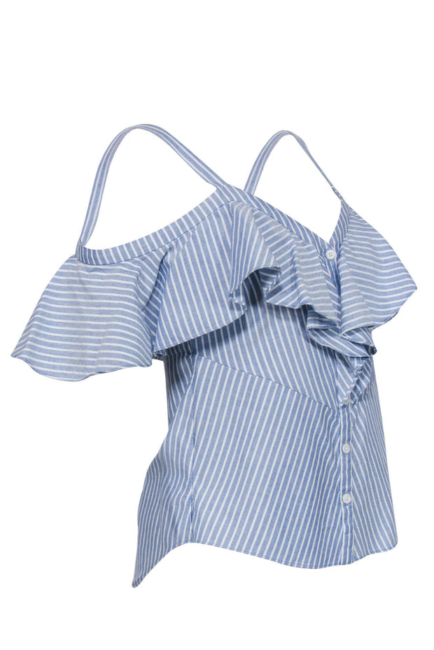 Current Boutique-Veronica Beard - Blue & White Striped Button-Up Blouse w/ Off-the-Shoulder Design