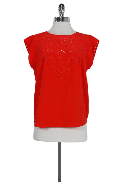 Current Boutique-Veronica Beard - Coral Eyelet Cap Sleeve Blouse Sz 6