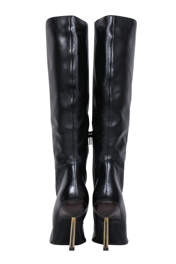 Current Boutique-Versace – Black Leather Boots w/ Gold Stiletto Heel Sz 8