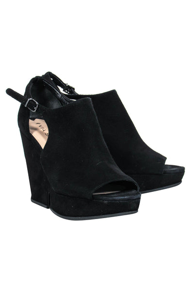 Current Boutique-Via Spiga - Black Suede Peep Toe Platform Wedges Sz 6.5