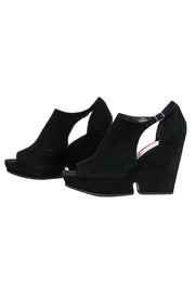 Current Boutique-Via Spiga - Black Suede Peep Toe Platform Wedges Sz 6.5