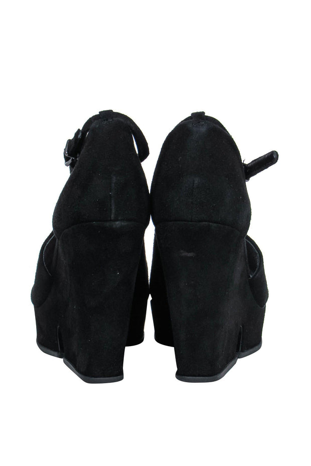 Current Boutique-Via Spiga - Black Suede Peep Toe Platform Wedges Sz 6.5