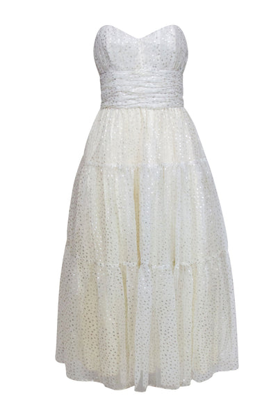 Current Boutique-Victor Costa - Cream & Silver Metallic Polka Dot Print Strapless Gown Sz 8