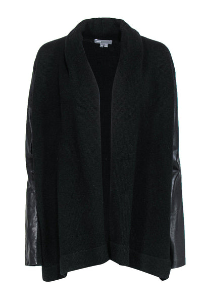 Current Boutique-Vince - Black Knit Open Wool Blend Cardigan w/ Leather Sleeves Sz M