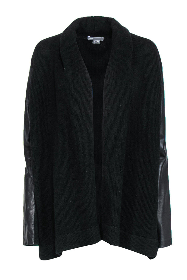 Current Boutique-Vince - Black Knit Open Wool Blend Cardigan w/ Leather Sleeves Sz M