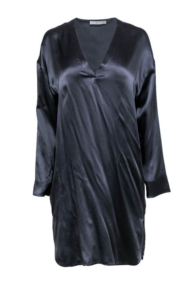 Current Boutique-Vince - Slate Blue Long Sleeve Silk Shift Dress Sz M