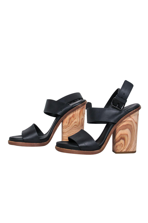 Current Boutique-Vince - Black Leather Strappy Wooden Block Heel "Hayley" Pumps Sz 6