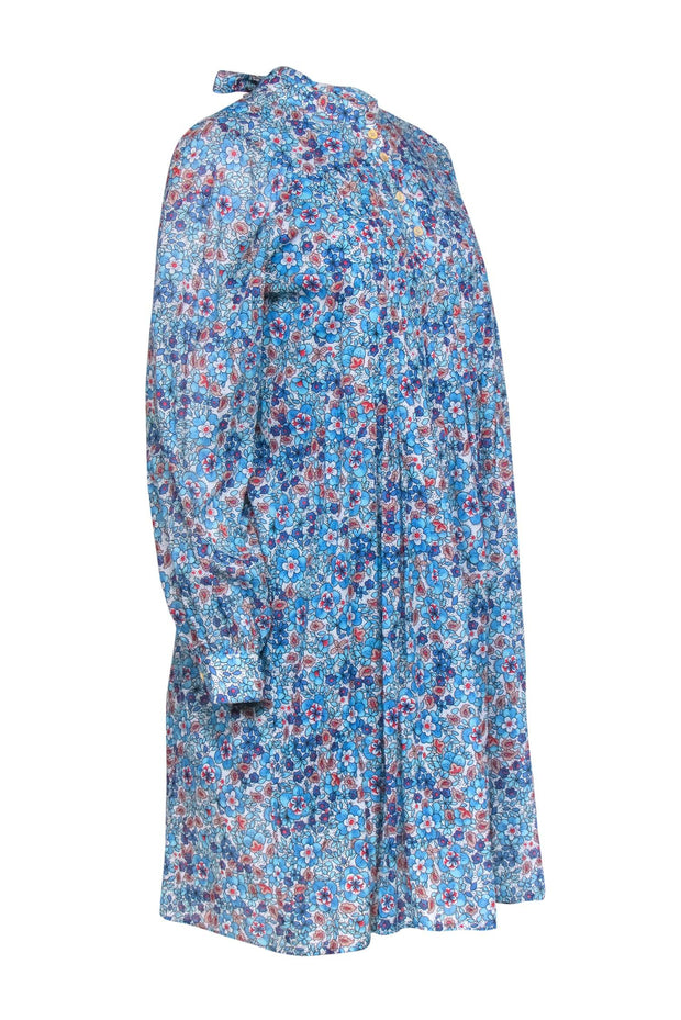 Current Boutique-Warm - Blue Floral Print Long Sleeve Pleated Shift Dress Sz 0