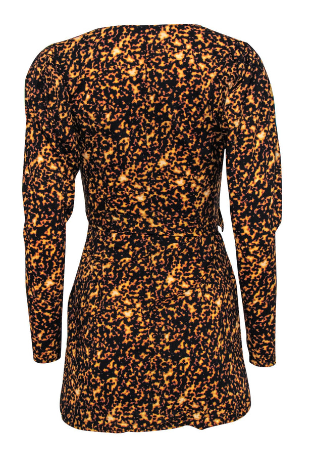 Current Boutique-WeWoreWhat - Orange & Black Printed Puff Sleeve Mini Wrap Dress Sz XS