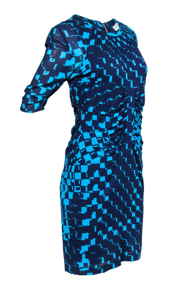 Current Boutique-Whistles - Blue Geometric Printed Gathered Silk Dress Sz 8
