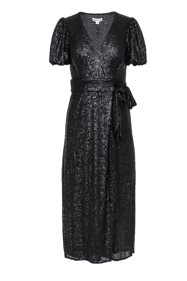 Current Boutique-Whistles - Black Sequin Puff Sleeve Wrap Maxi Dress Sz 2