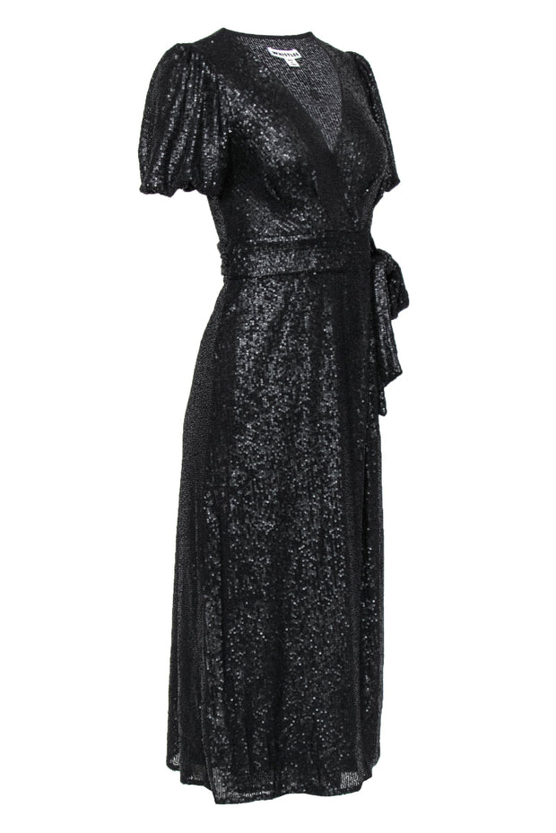 Current Boutique-Whistles - Black Sequin Puff Sleeve Wrap Maxi Dress Sz 2