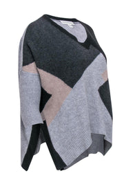 Current Boutique-White & Warren - Grey, Black & Tan Slouchy Cashmere Sweater w/ Asymmetrical Hem Sz XS