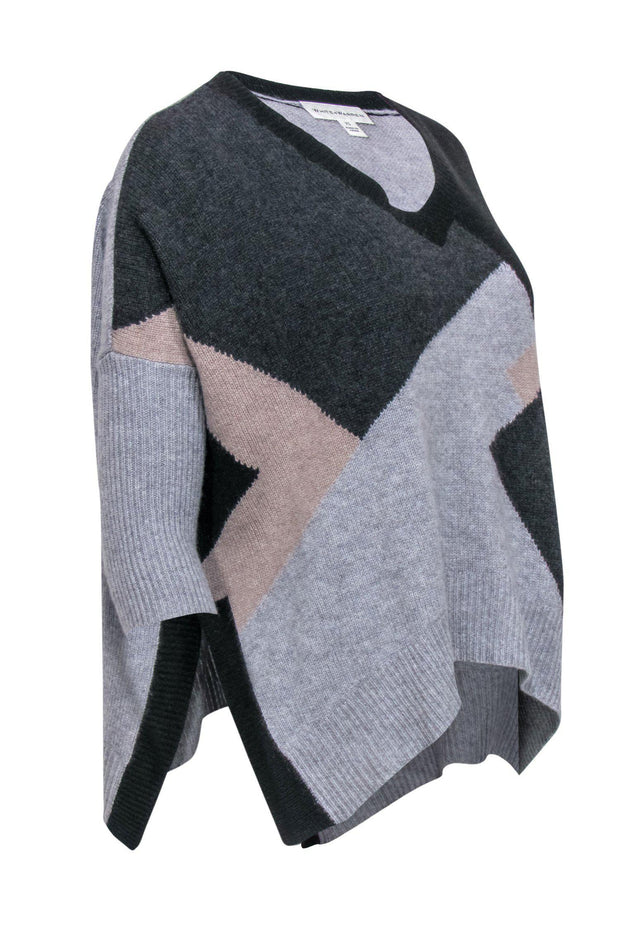 Current Boutique-White & Warren - Grey, Black & Tan Slouchy Cashmere Sweater w/ Asymmetrical Hem Sz XS
