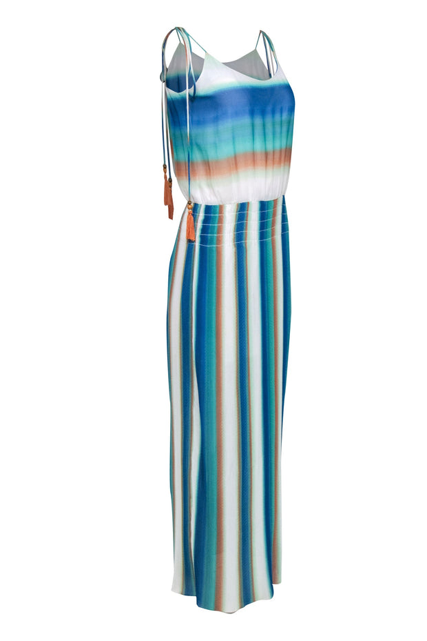 Current Boutique-W by Worth - White, Teal, & Blue Smocked Waist Dress Sz 4
