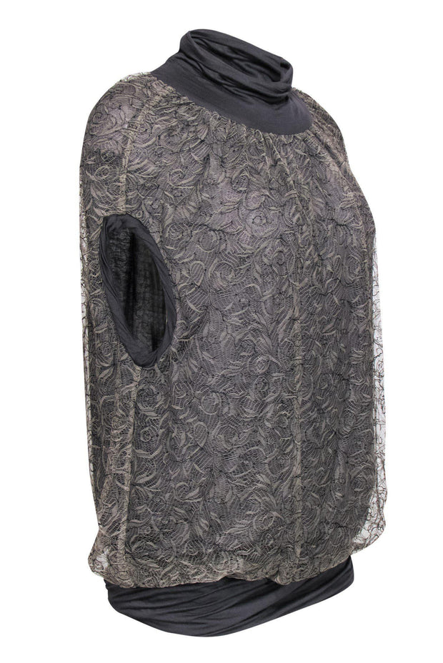 Current Boutique-Yigal Azrouel - Olive Green & Gray Draped Lace Blouse Sz 6