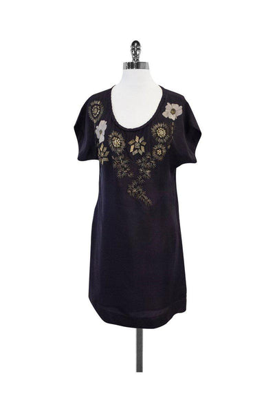 Current Boutique-Yoana Baraschi - Black Short Sleeve Beaded Floral Dress Sz M