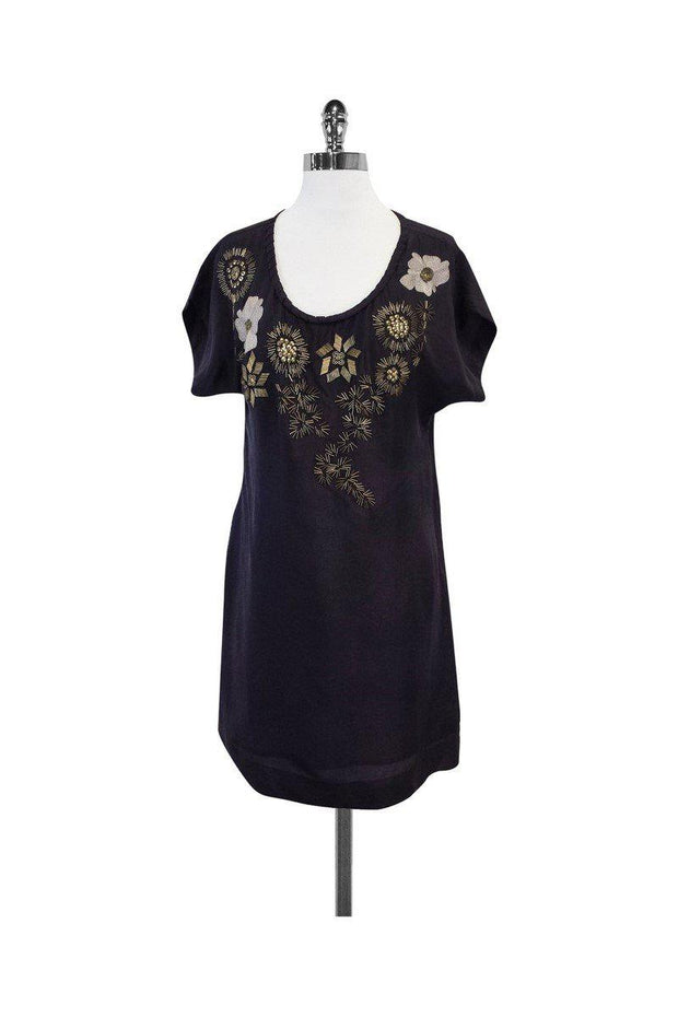 Current Boutique-Yoana Baraschi - Black Short Sleeve Beaded Floral Dress Sz M