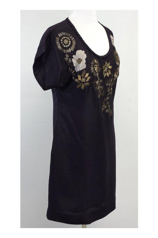 Current Boutique-Yoana Baraschi - Black Short Sleeve Beaded Floral Dress Sz M