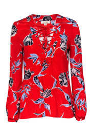 Current Boutique-Yumi Kim - Red Floral Print Lace-Up Silk Blouse Sz XS