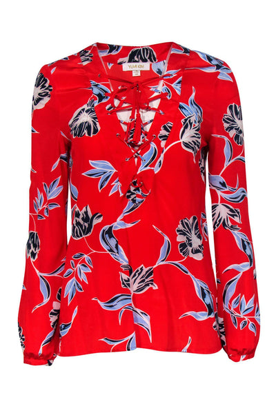 Current Boutique-Yumi Kim - Red Floral Print Lace-Up Silk Blouse Sz XS