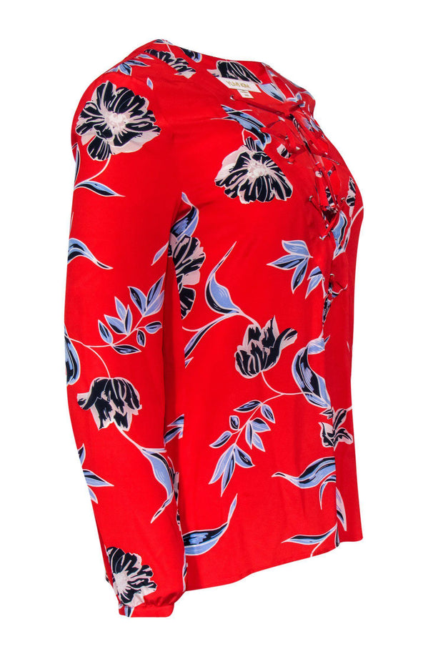Current Boutique-Yumi Kim - Red Floral Print Lace-Up Silk Blouse Sz XS
