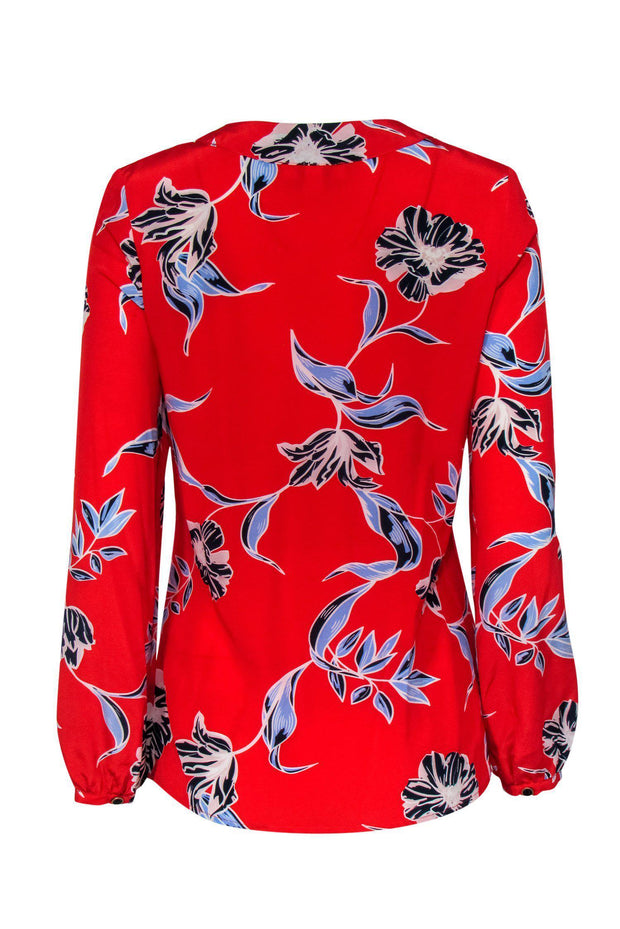 Current Boutique-Yumi Kim - Red Floral Print Lace-Up Silk Blouse Sz XS