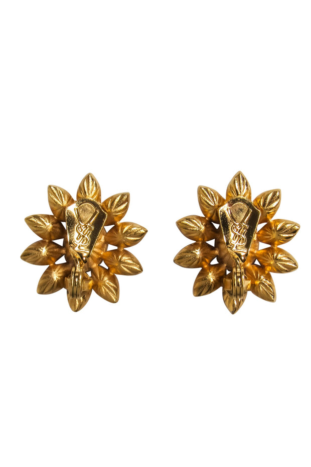 Current Boutique-Yves Saint Laurent - Gold, Pink & Purple Jeweled Flower Clip-On Earrings