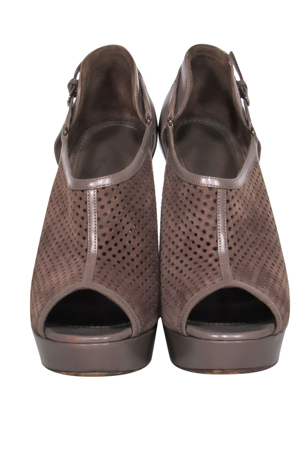 Current Boutique-Yves Saint Laurent - Dark Taupe Suede & Leather Mesh Platform Heels Sz 9