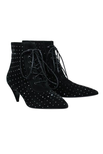 Current Boutique-Saint Laurent - Black Suede Lace-Up Ankle Boots w/ Crystal Embellishments Sz 8