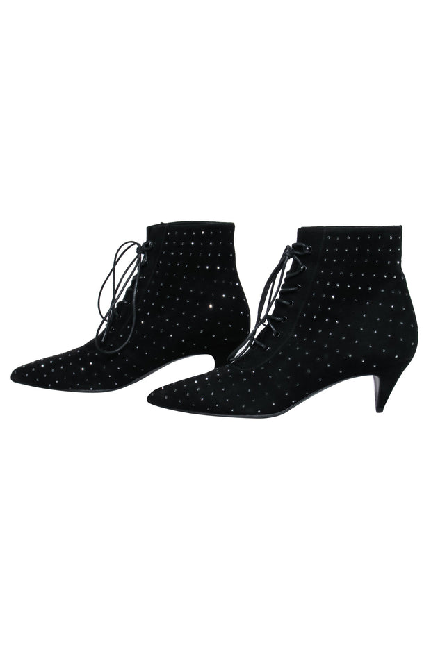Current Boutique-Saint Laurent - Black Suede Lace-Up Ankle Boots w/ Crystal Embellishments Sz 8