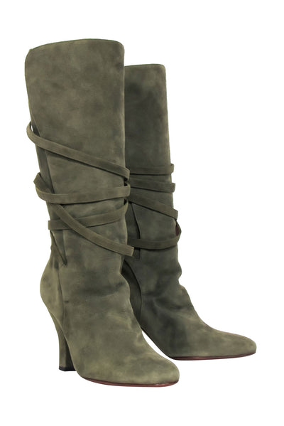 Current Boutique-Yves Saint Laurent - Olive Green Suede Tall Boots Sz 8.5
