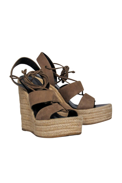 Current Boutique-Saint Laurent - Beige Suede Platform Woven Wedges Sz 9.5