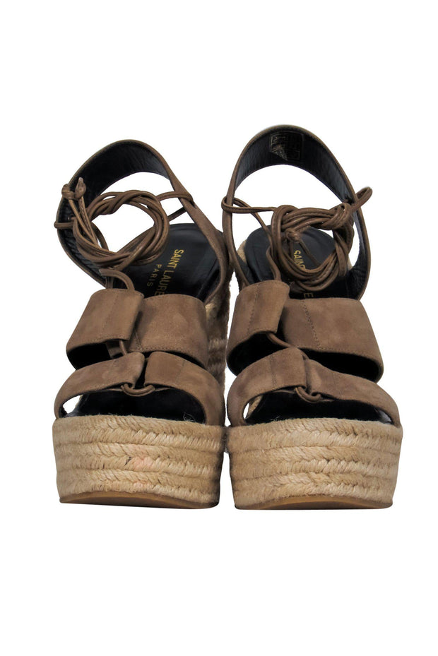 Current Boutique-Saint Laurent - Beige Suede Platform Woven Wedges Sz 9.5
