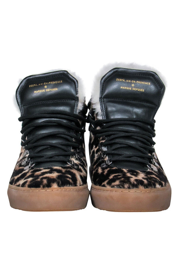 Current Boutique-Zespa - Beige & Black Leopard Print Calf Hair & Leather Lace-Up "Avatar" High Top Sneakers w/ Shearling Trim Sz 7.5