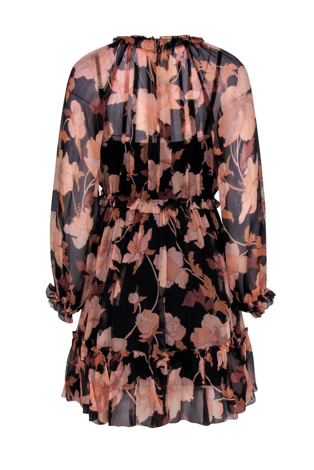 Current Boutique-Zimmermann - Black & Blush Floral Print Sheer Mini Dress w/ Ruffles Sz 1